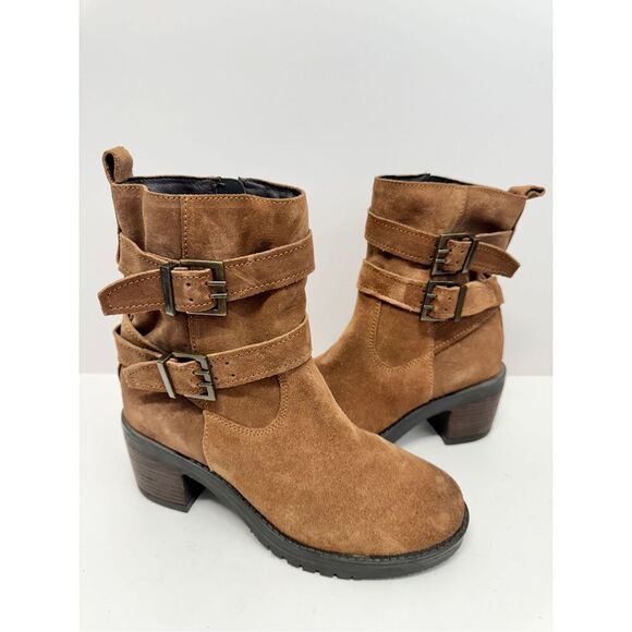 Vintage Foundry Co. Boots Size 7‎ Tan Leather Round Toe Block Heel Buckle Detail - Picture 1 of 8